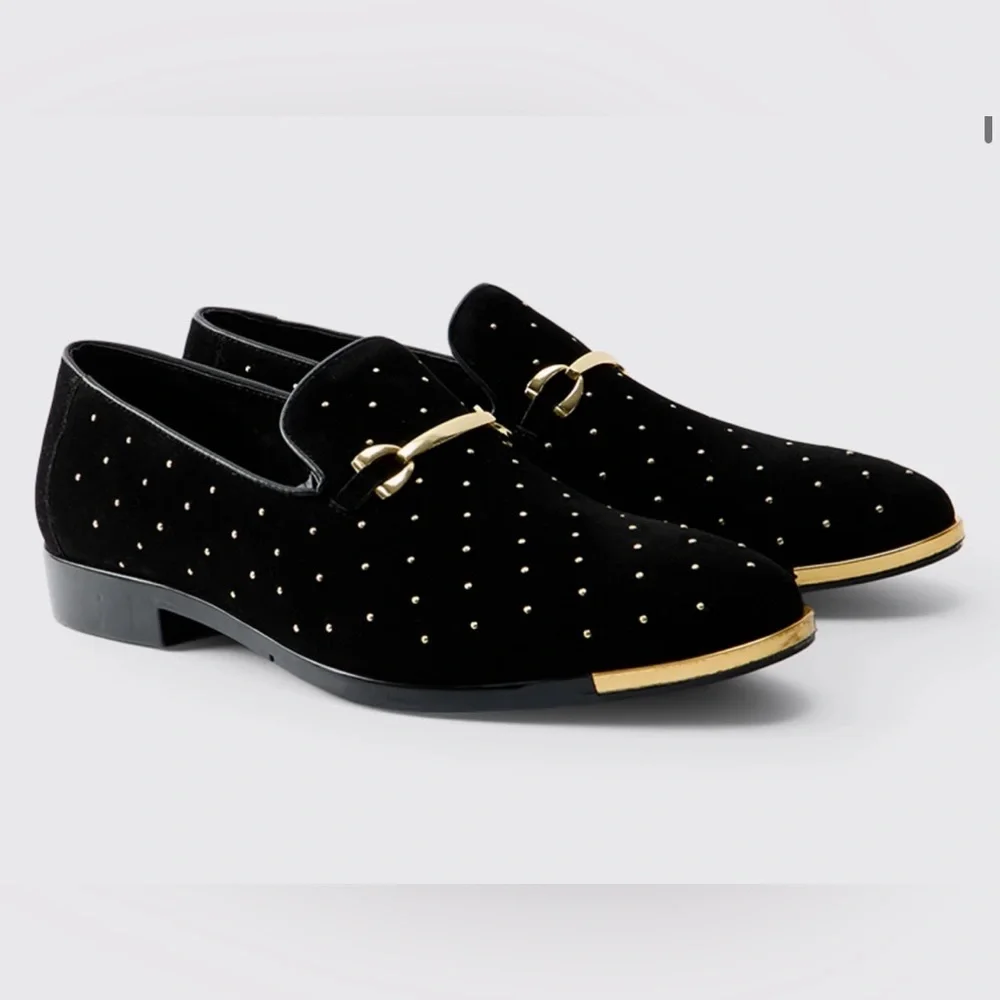 BLACK VELVET STUDDED LOAFERS Men's‎ Loafer Gold Buckle Slip On Shoe Horsebit